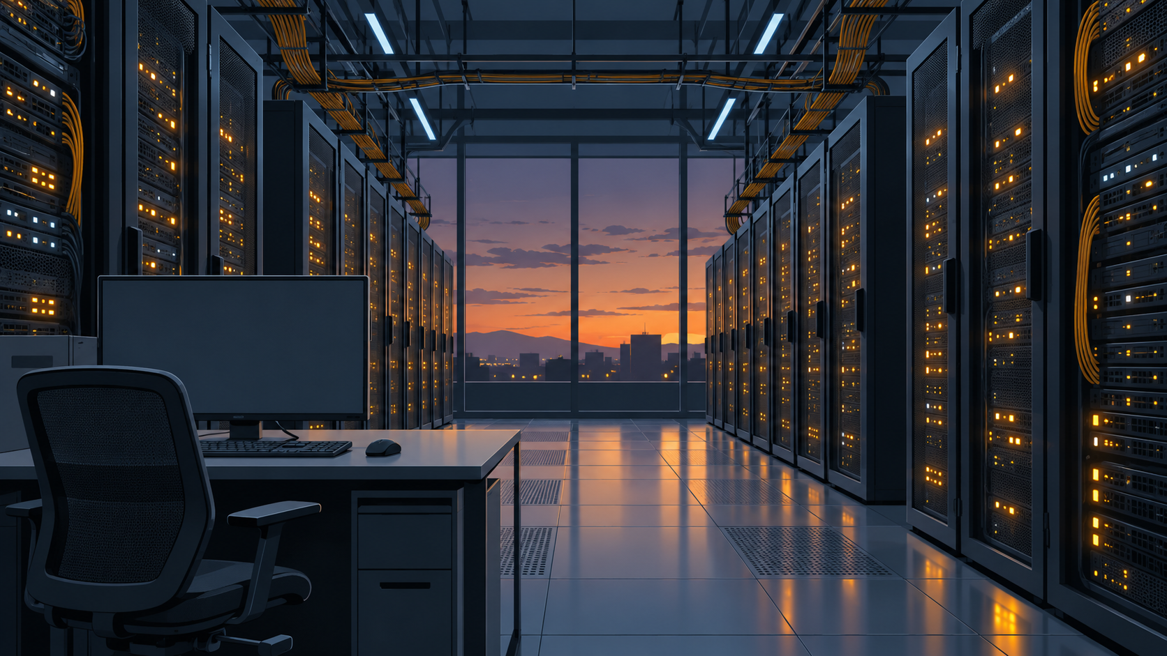 A long aisle of server racks in a dimly lit data hall, with an empty workstation in the foreground.