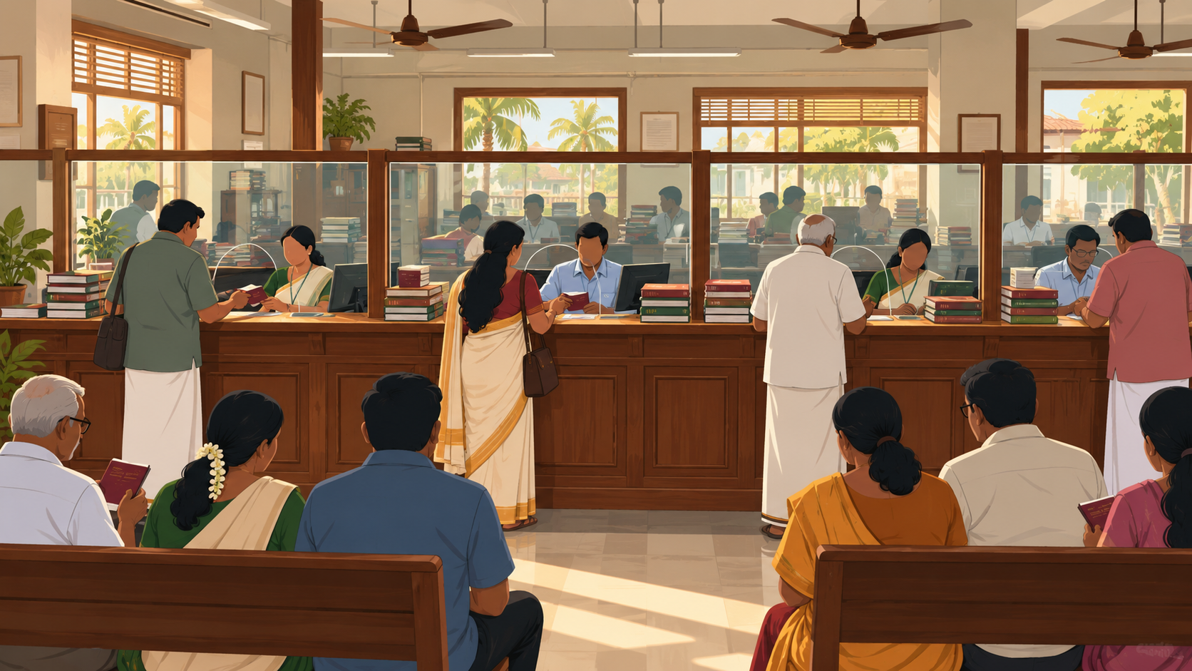 A crowded bank branch hall with teller windows, ledgers and waiting customers.