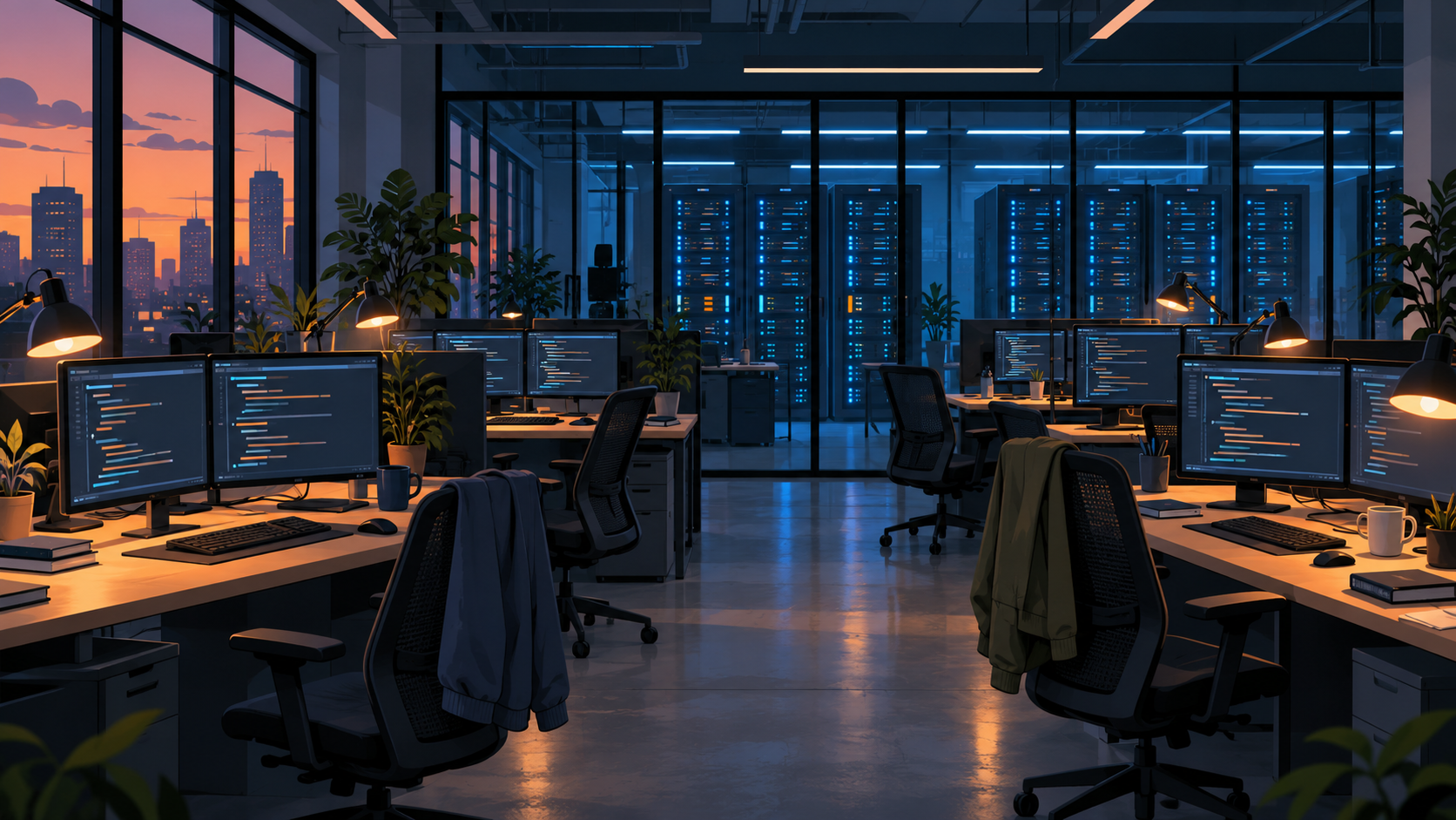 An empty open-plan software engineering office at dusk with rows of desks and a glass-walled server room behind.