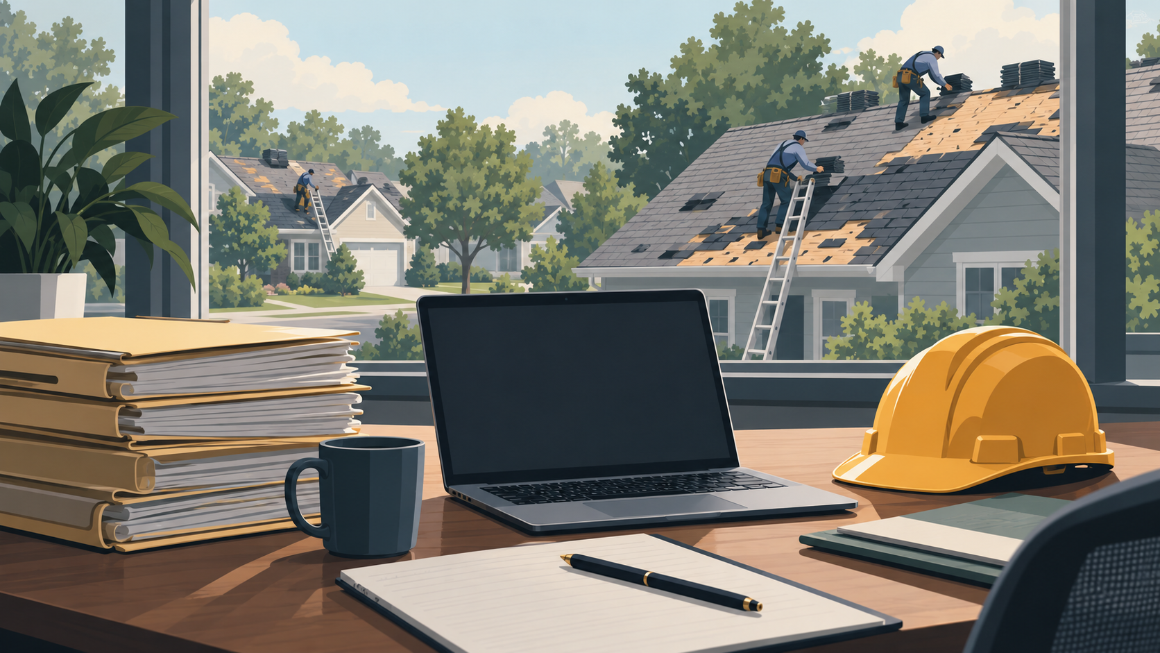 An insurance adjuster's desk with a view of roofers repairing storm-damaged houses on a suburban street.