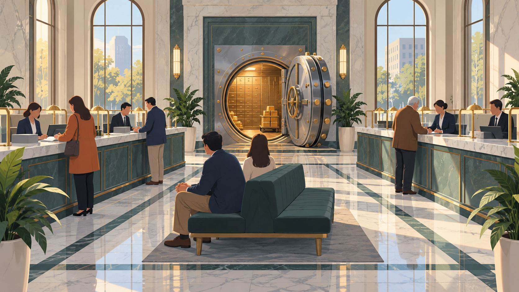 A busy bank branch lobby with tellers at counters and an open vault door behind them.