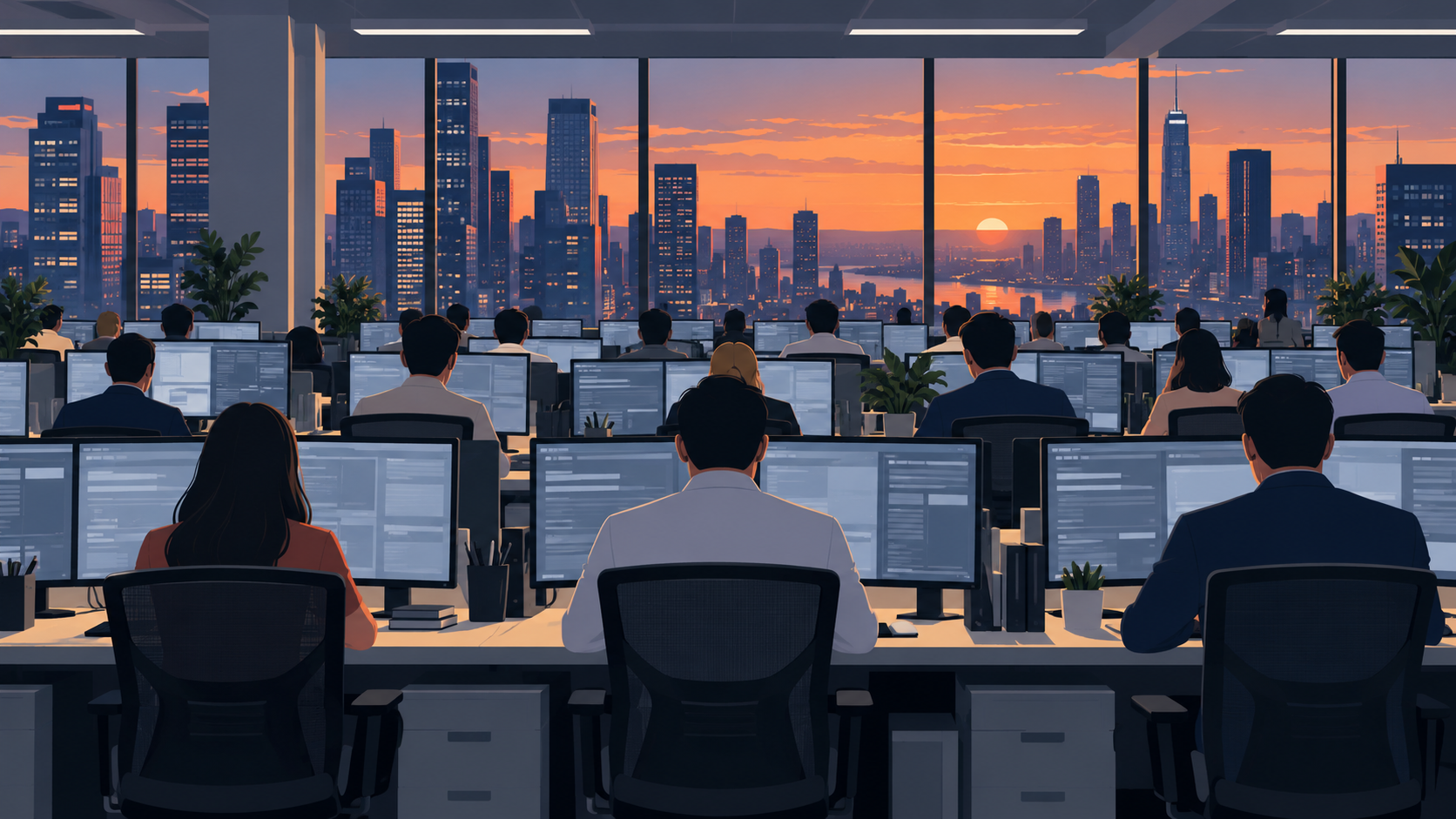 An open-plan trading support office at dusk with long rows of desks, many occupied, facing tall windows over a city skyline.