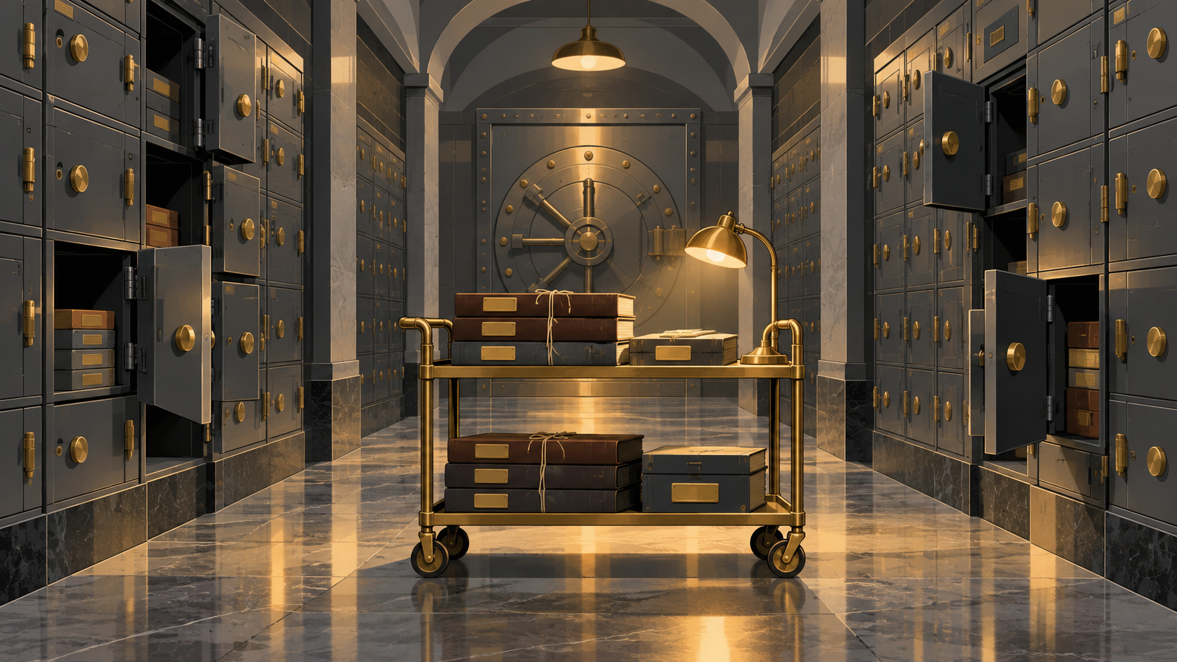 A quiet bank vault corridor lined with steel safe-deposit doors and a trolley of ledgers under a desk lamp.
