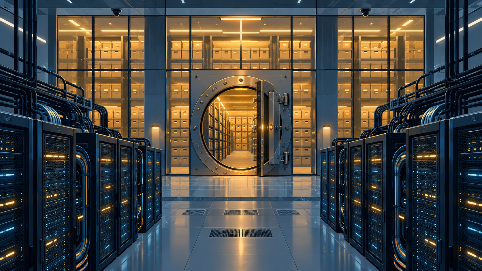 A data room of server racks in front of a glass-walled vault of archived ledger boxes, suggesting the safekeeping of client assets.