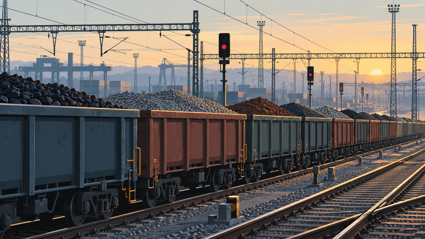 A freight train of loaded wagons waiting on a railway siding beneath overhead electric lines at dawn.