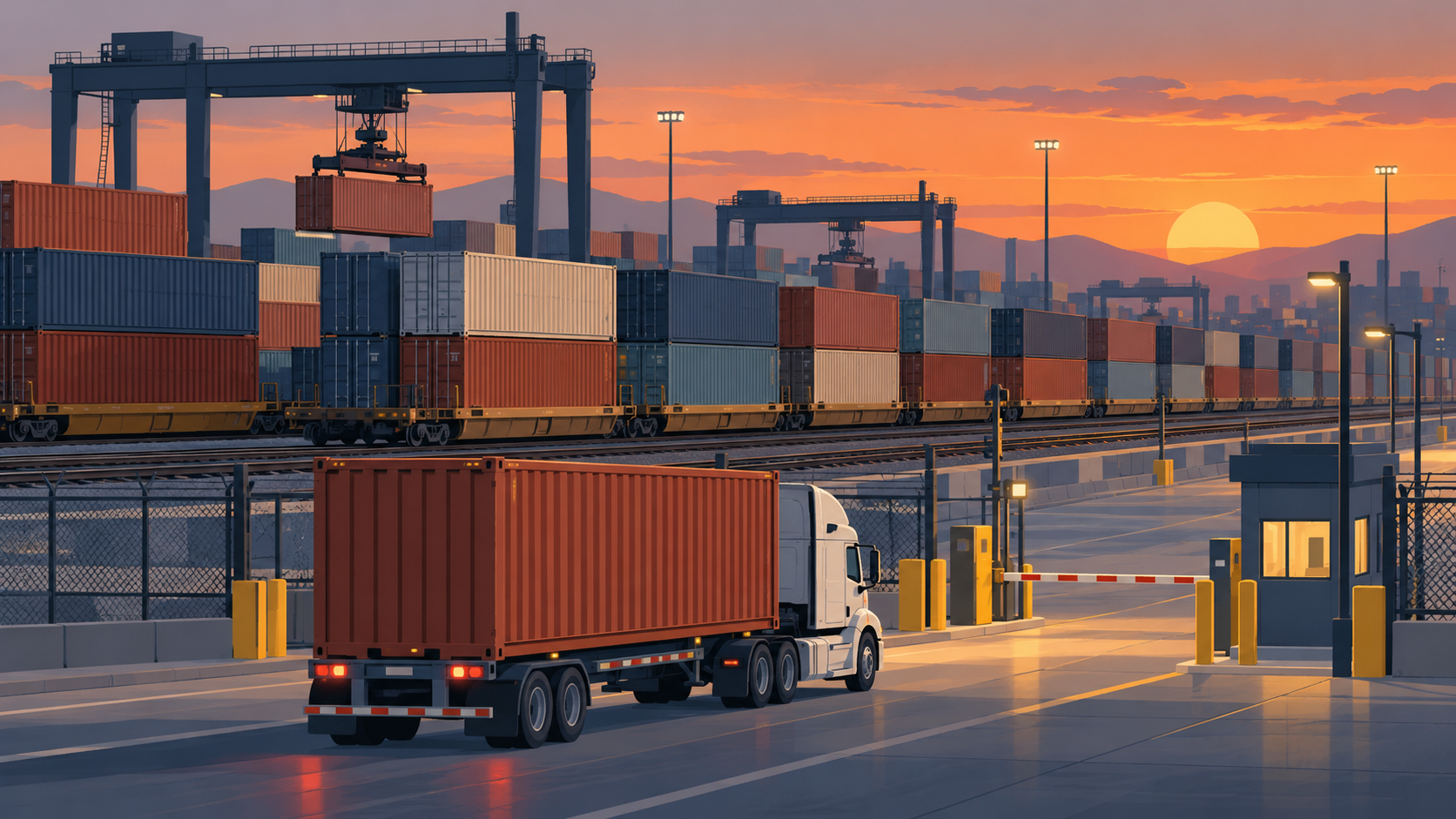 Stacked shipping containers on railcars in a freight yard at dusk, with a truck at the gate.
