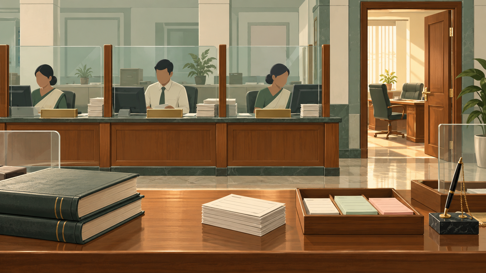 An Indian bank branch counter in morning light with deposit slips in the foreground and two empty office chairs behind a half-open door.