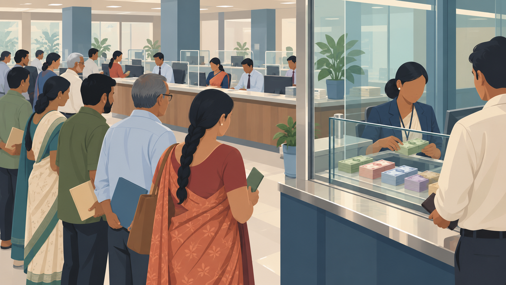 Illustration of customers queuing at the counters of an Indian bank branch, with a separate desk for foreign-currency deposits in the foreground.