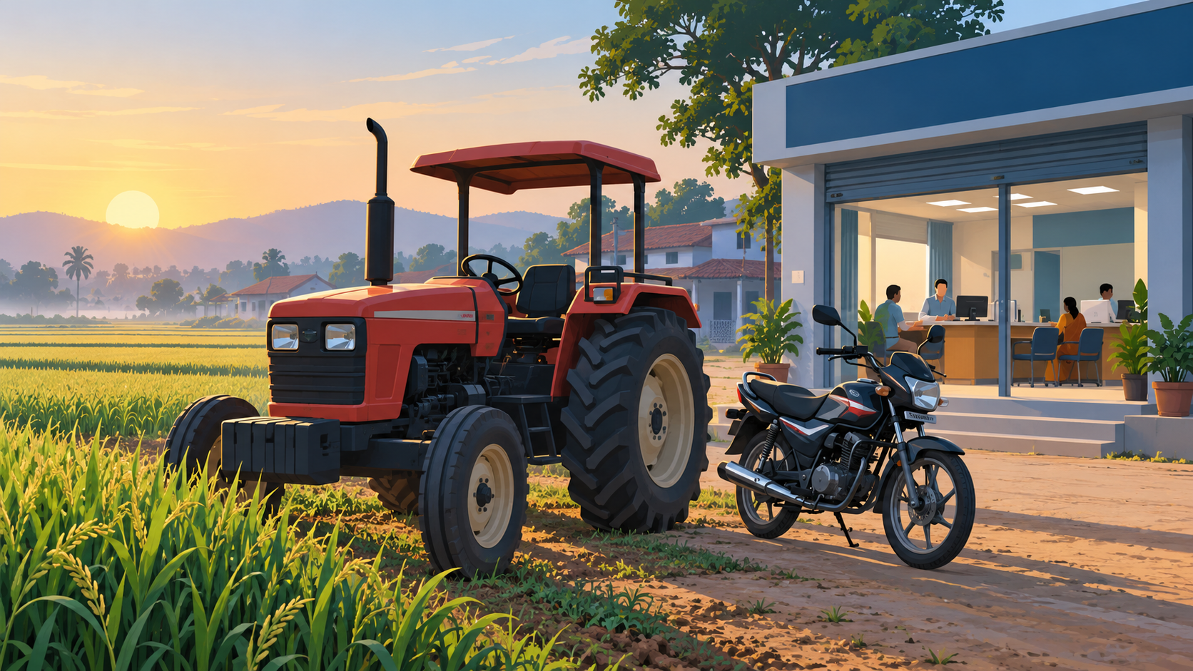 A tractor and a motorbike parked near a small-town branch office beside a farm field at dawn.