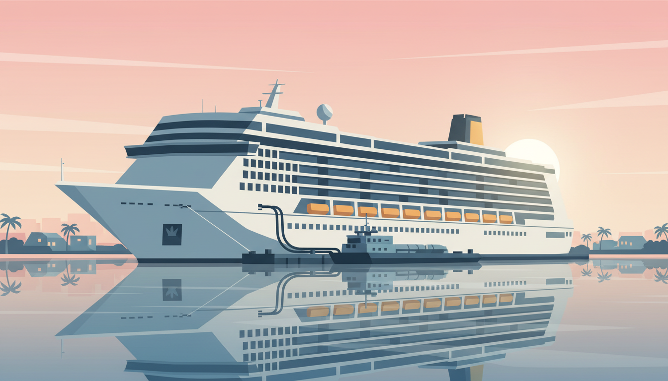A cruise ship at a pier at dawn with a fuel barge alongside.
