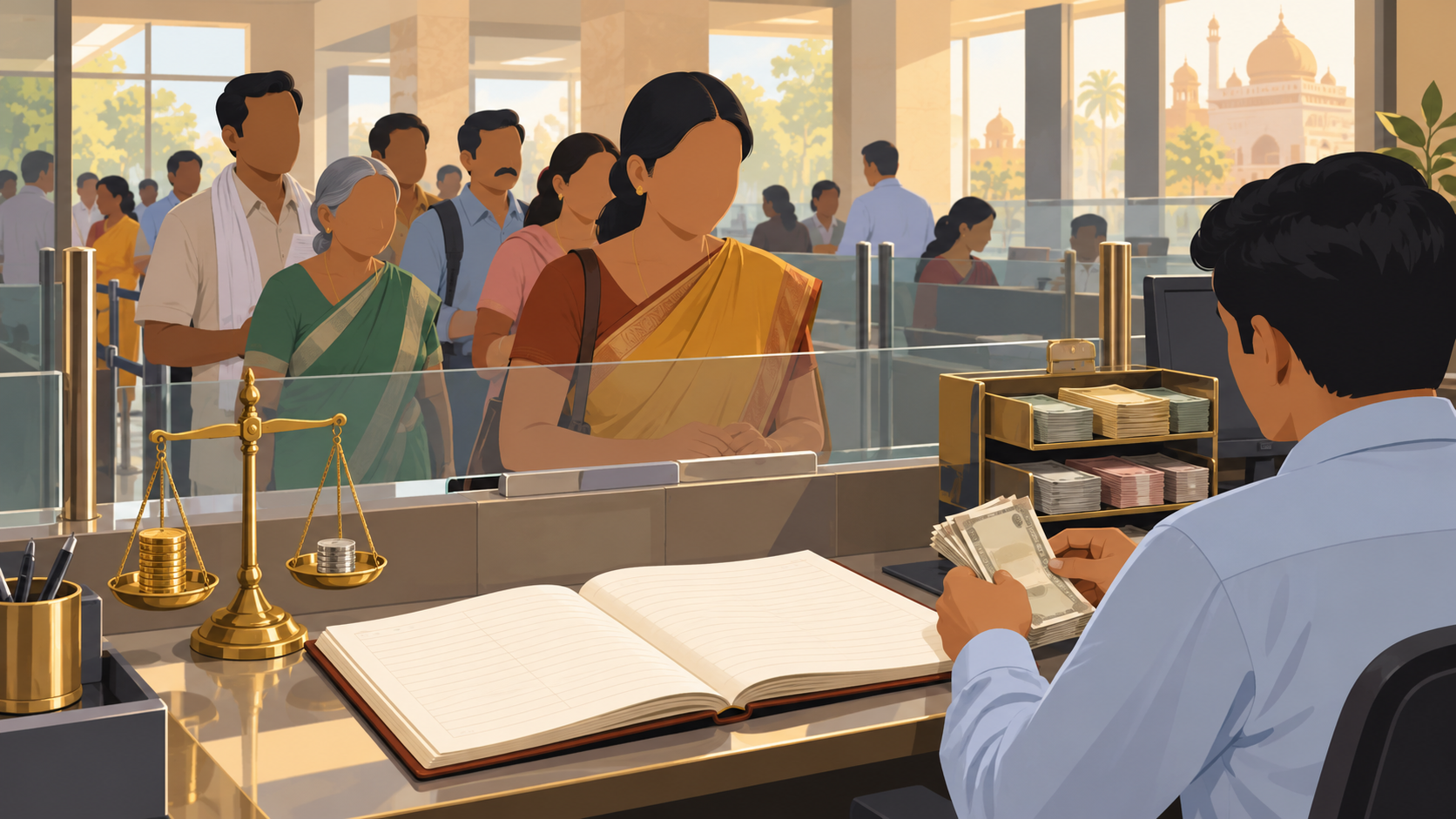 Flat illustration of a busy bank branch counter with a teller, ledger and queuing customers.