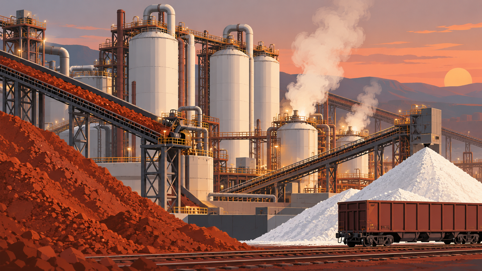 An alumina refinery at dusk with large tanks, conveyors and a heap of white alumina powder beside a rail wagon.