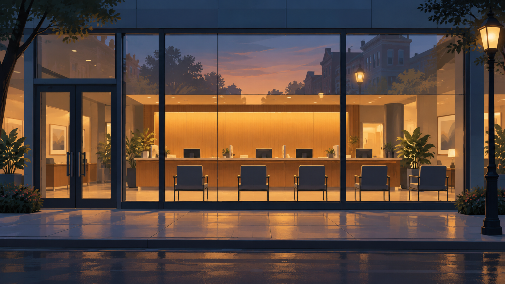 A regional bank branch lit from within at dusk, seen through its glass front.