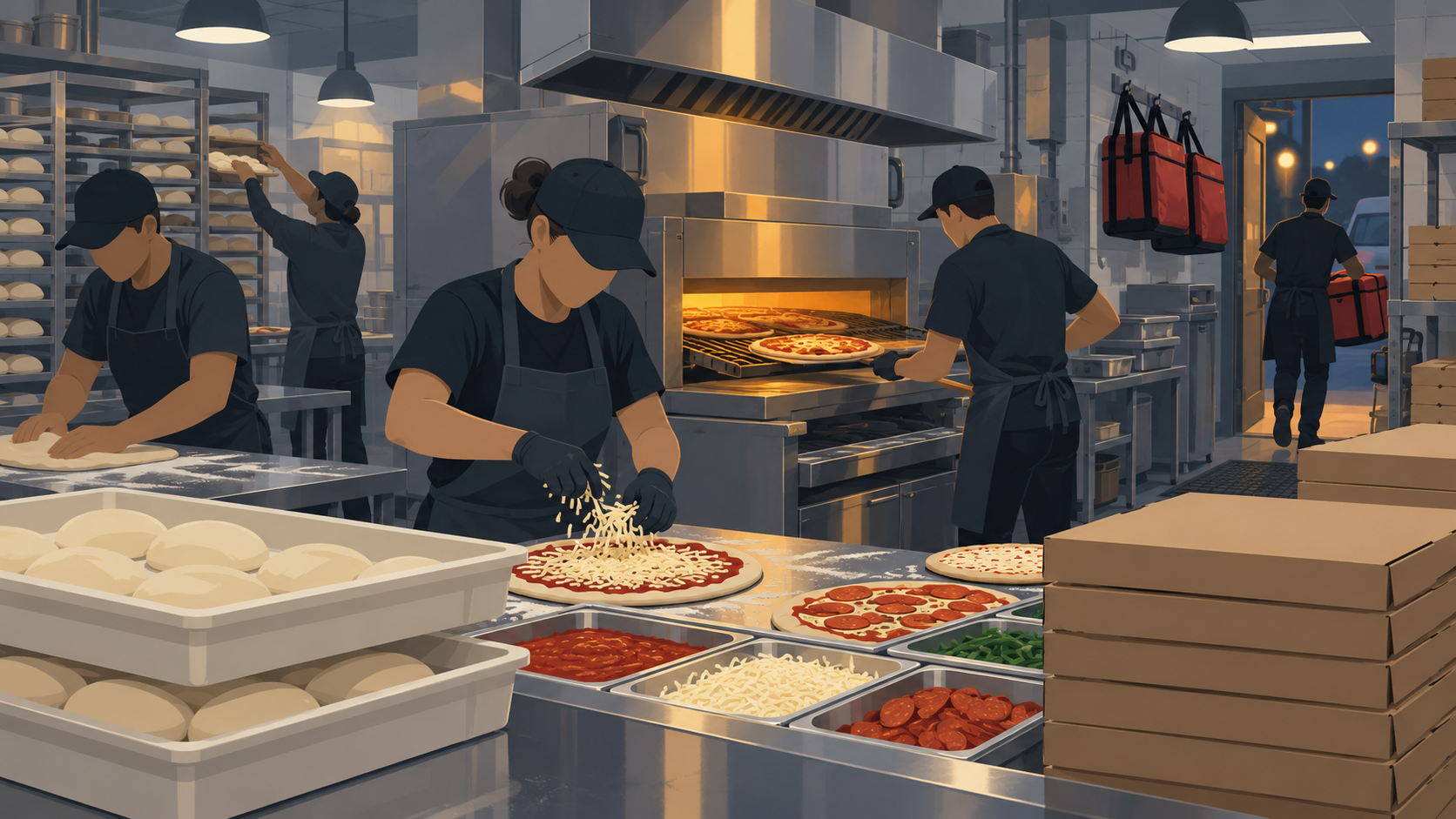 A pizza store kitchen at the evening rush, with dough trays and boxes on a steel counter and a glowing conveyor oven behind.