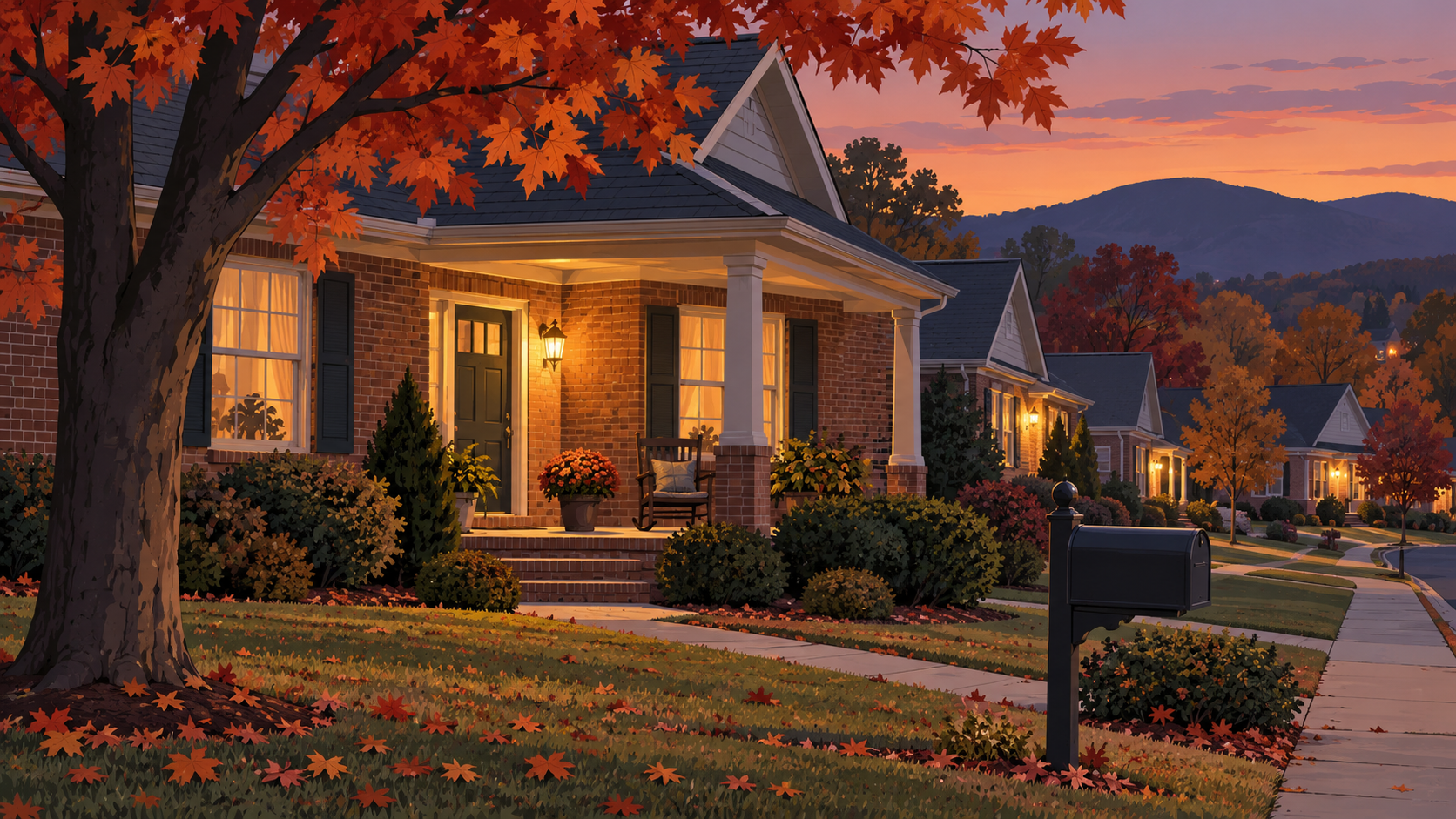 Evening view of a street of brick family homes with porch lights switched on.