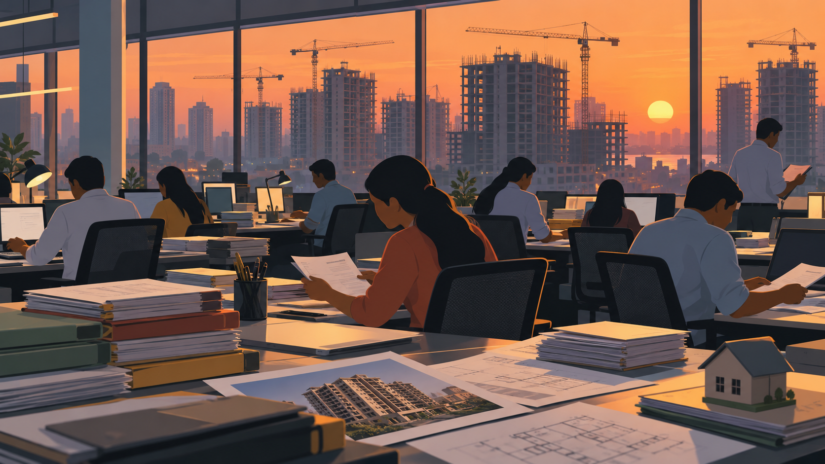 A loan-processing office with stacks of home-loan files, apartment towers and cranes visible through the window at dusk.