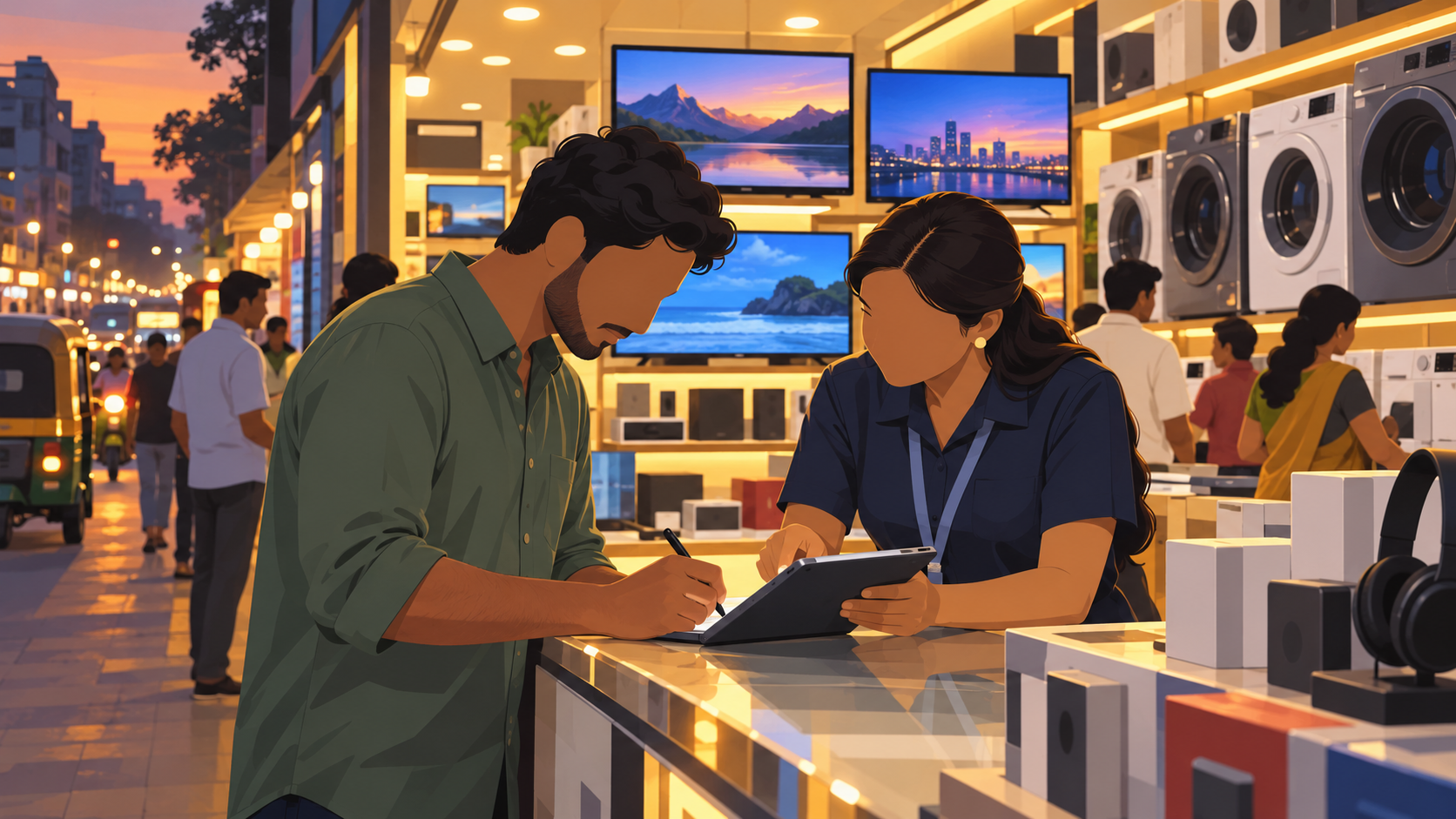 A shopper signs for a consumer loan on a tablet at an electronics shop counter in an Indian city.