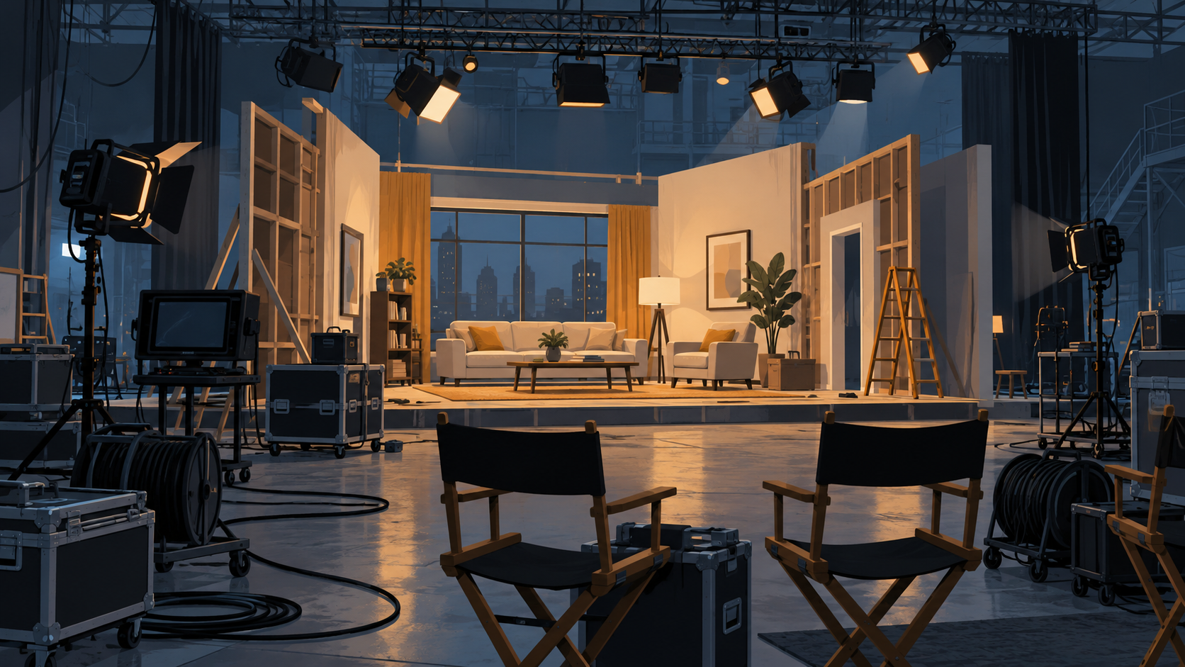 An empty television soundstage at night with a half-built set, lights and crew equipment.