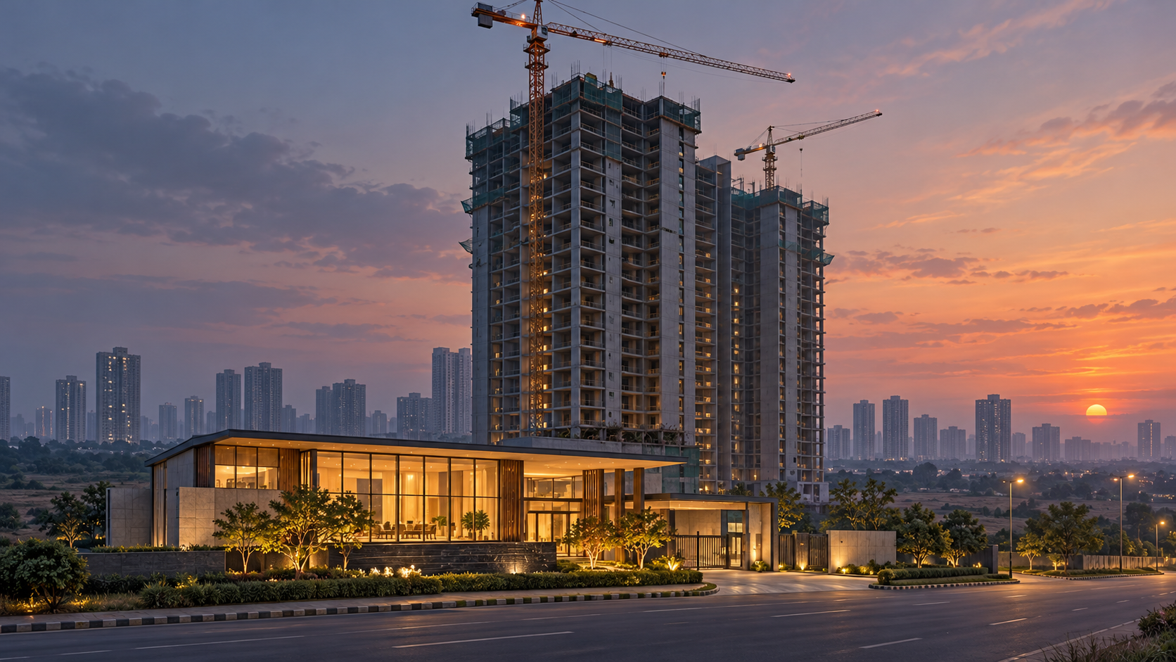A residential tower rising under cranes at dusk, with a lit sales gallery at its foot.