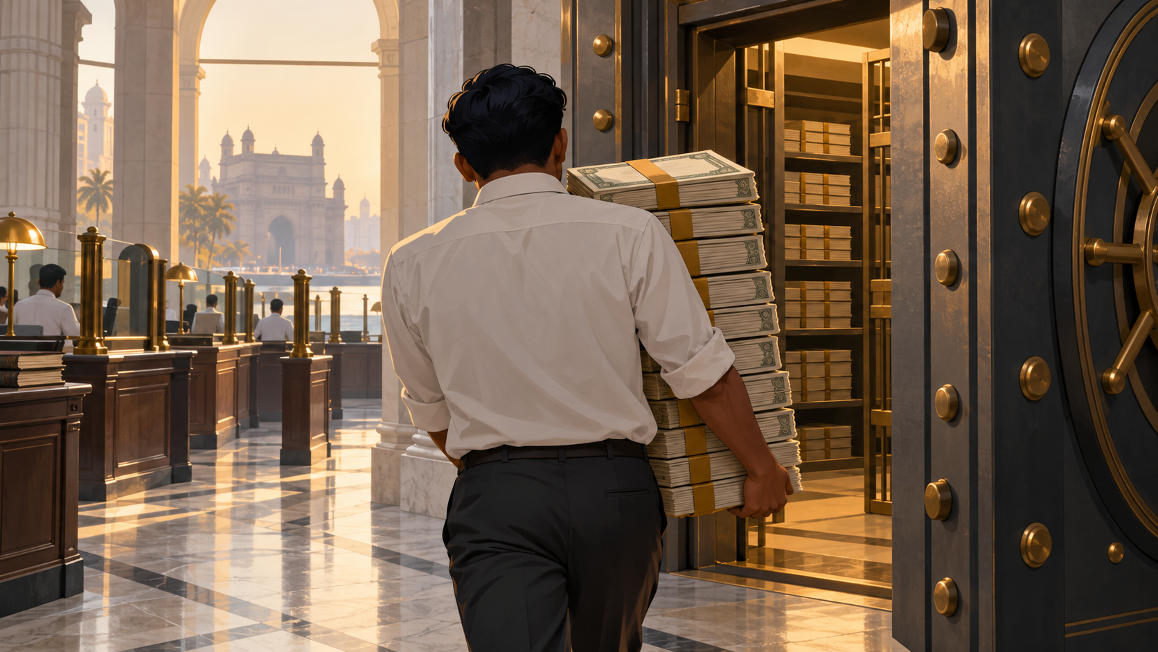 A clerk carries a stack of bound certificates back into the vault of a large bank branch's banking hall.