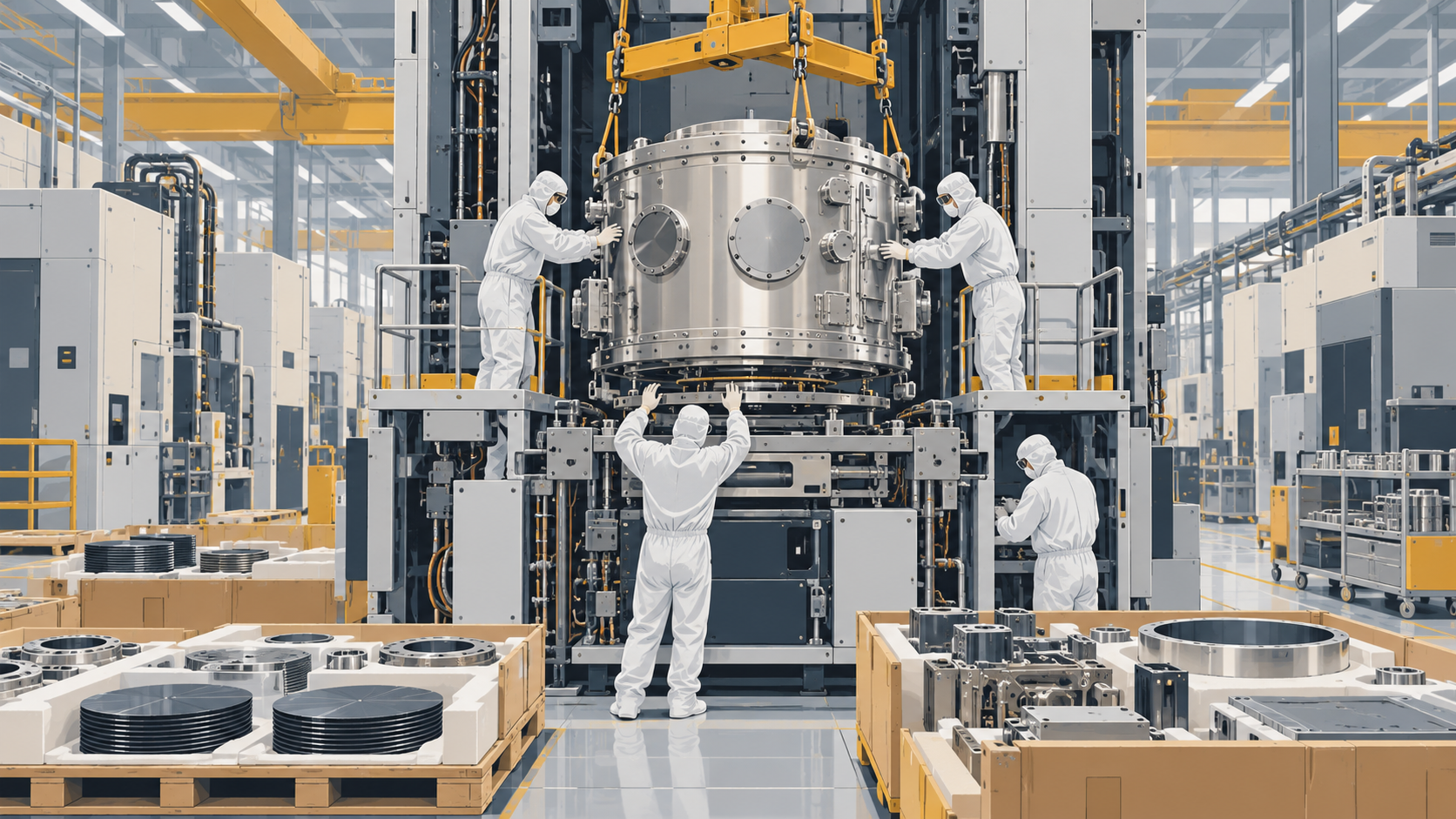 Technicians in clean suits assemble a large chip-making tool in a factory hall, with crates of parts waiting nearby.