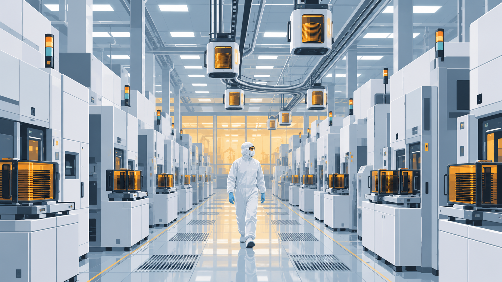 A technician in a clean-room suit walks between rows of wafer-processing machines in a brightly lit chip factory.
