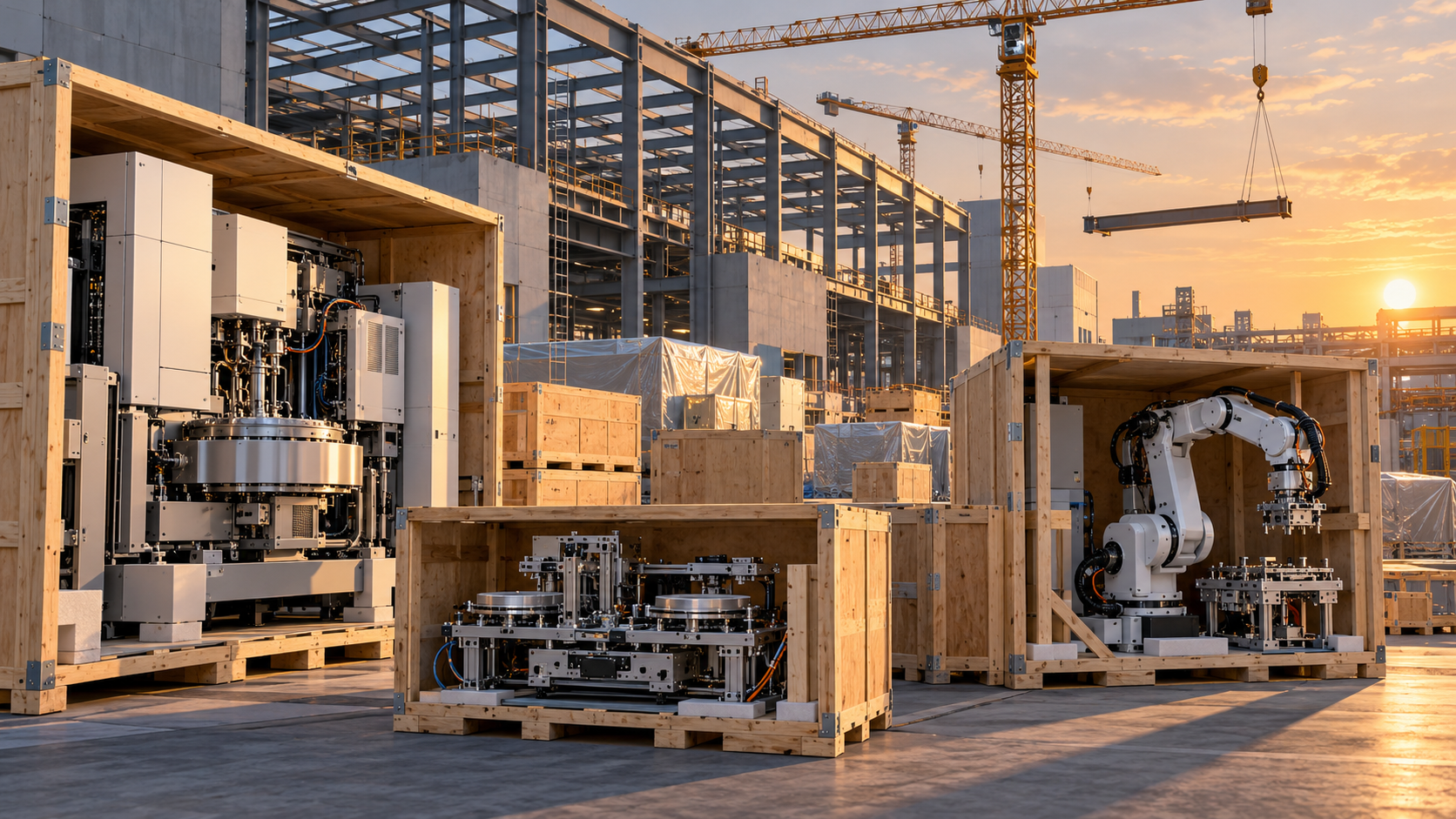 Crated factory equipment waits on a loading dock beside a partly built factory hall under construction cranes.