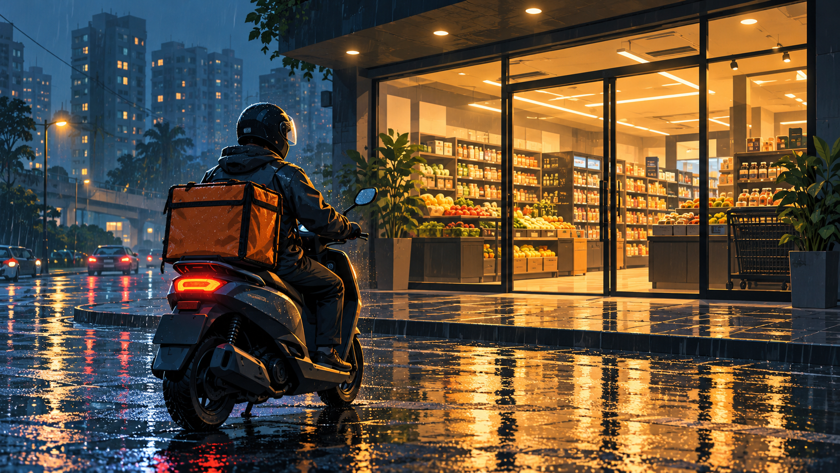 A food-delivery rider on a scooter stops outside a lit neighbourhood grocery dark store on a wet city street at night.