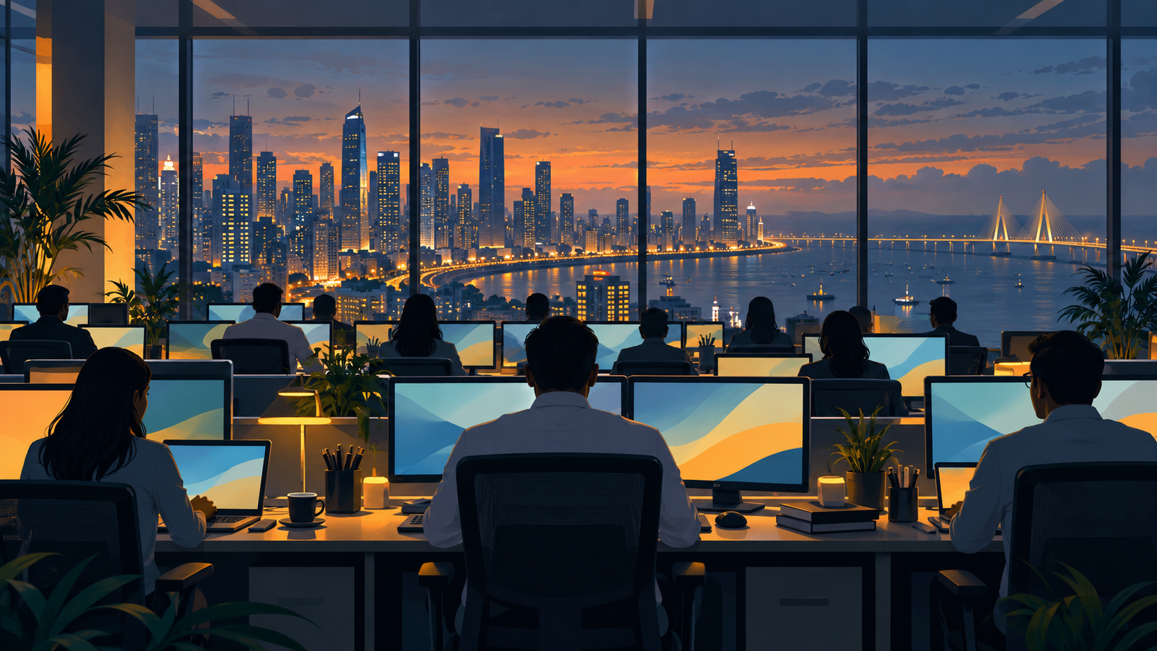 An evening office floor of a fund manager, desks and monitors in front of a window over Mumbai's skyline.