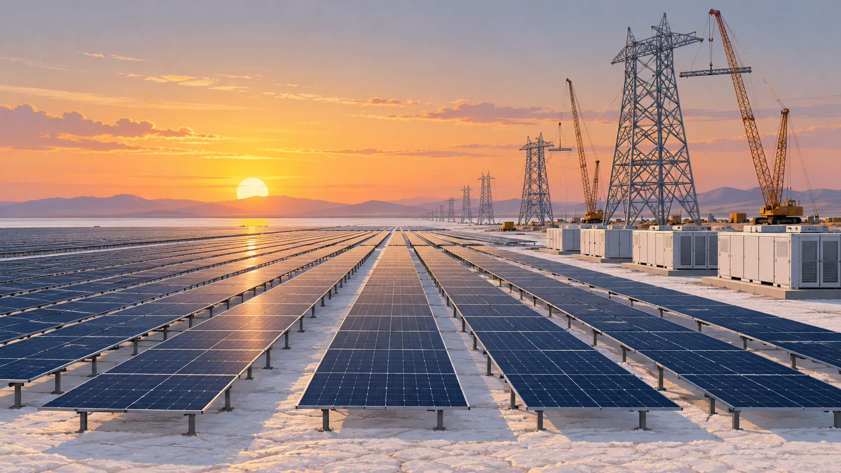 A desert solar farm with unfinished transmission towers and battery containers beside the panels.