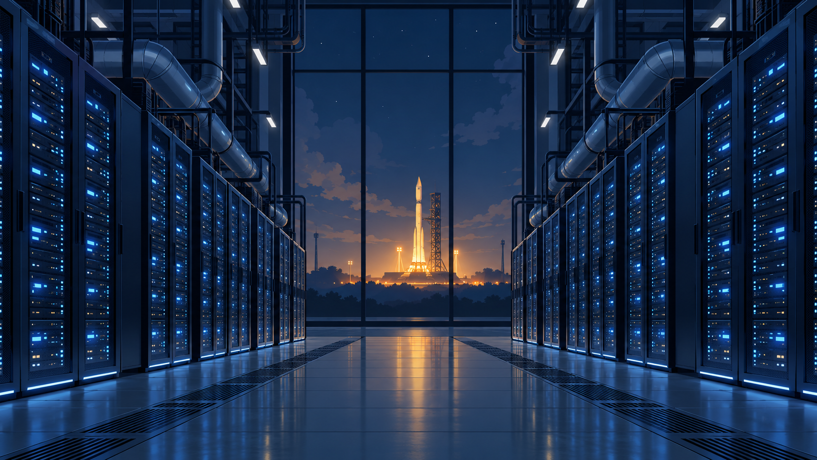 Rows of lit server racks in a large data centre, with a rocket on a launch pad visible through a window at the far end.