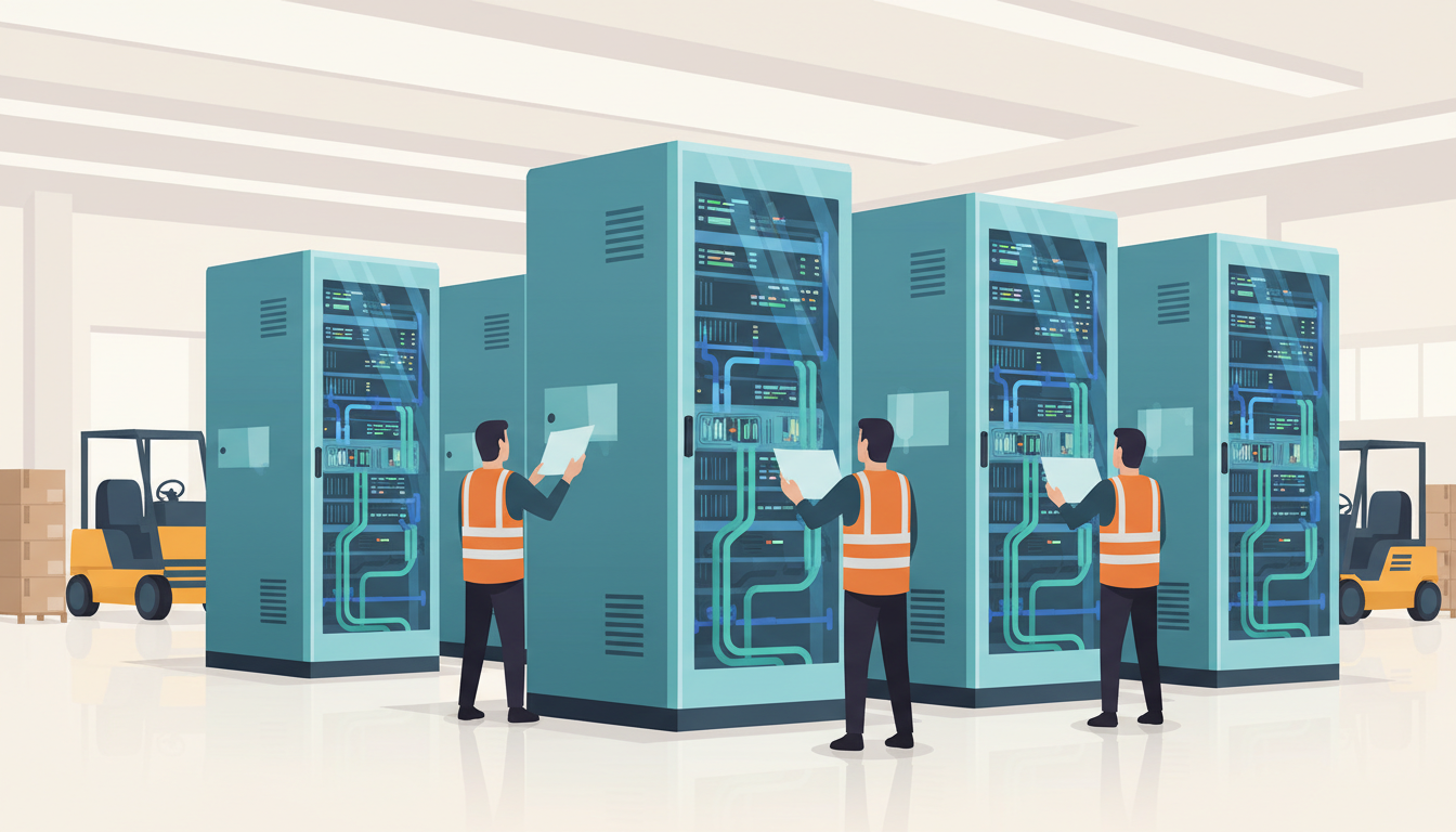 Technicians test rows of server racks on a factory floor.