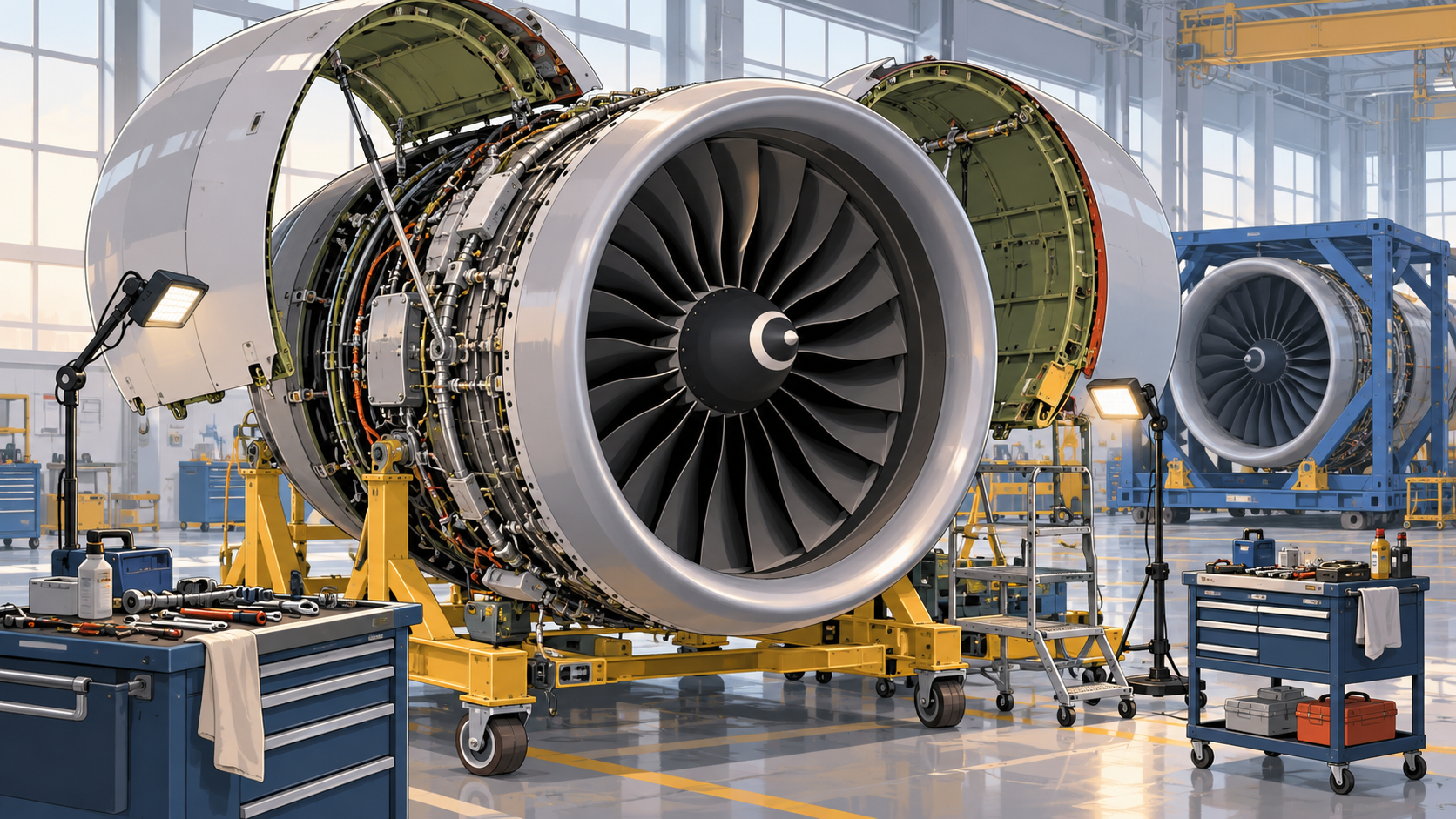 A jet engine with its cowling open on a stand in an engine overhaul shop.