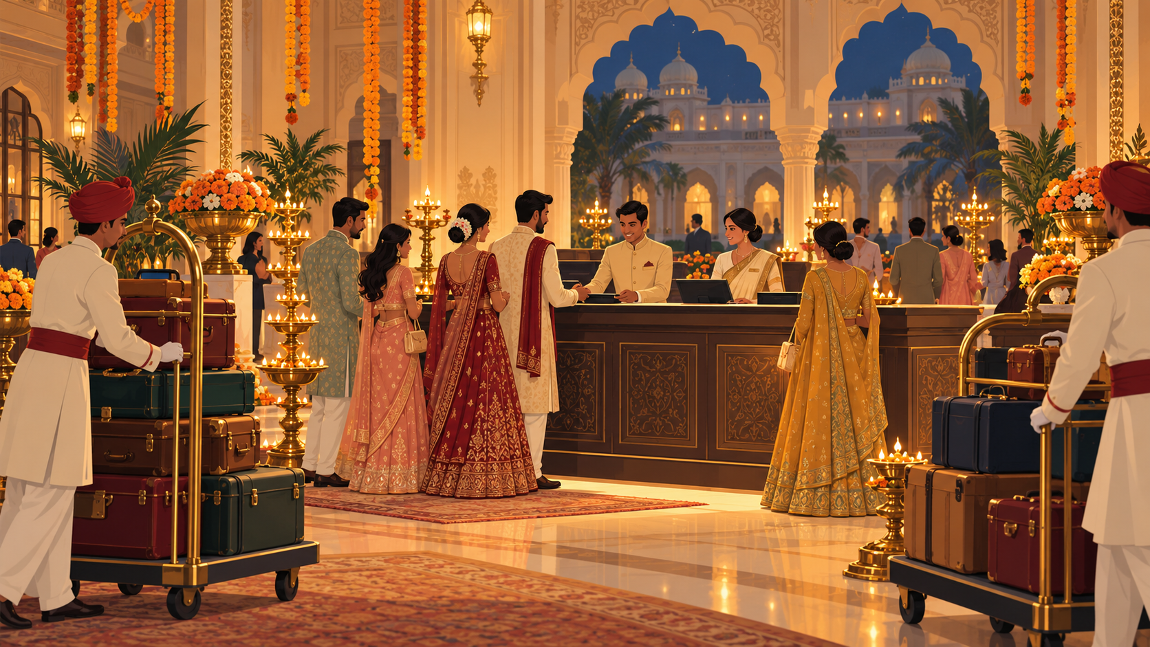 An illustrated hotel lobby in India with staff checking in guests beside luggage trolleys and marigold garlands.