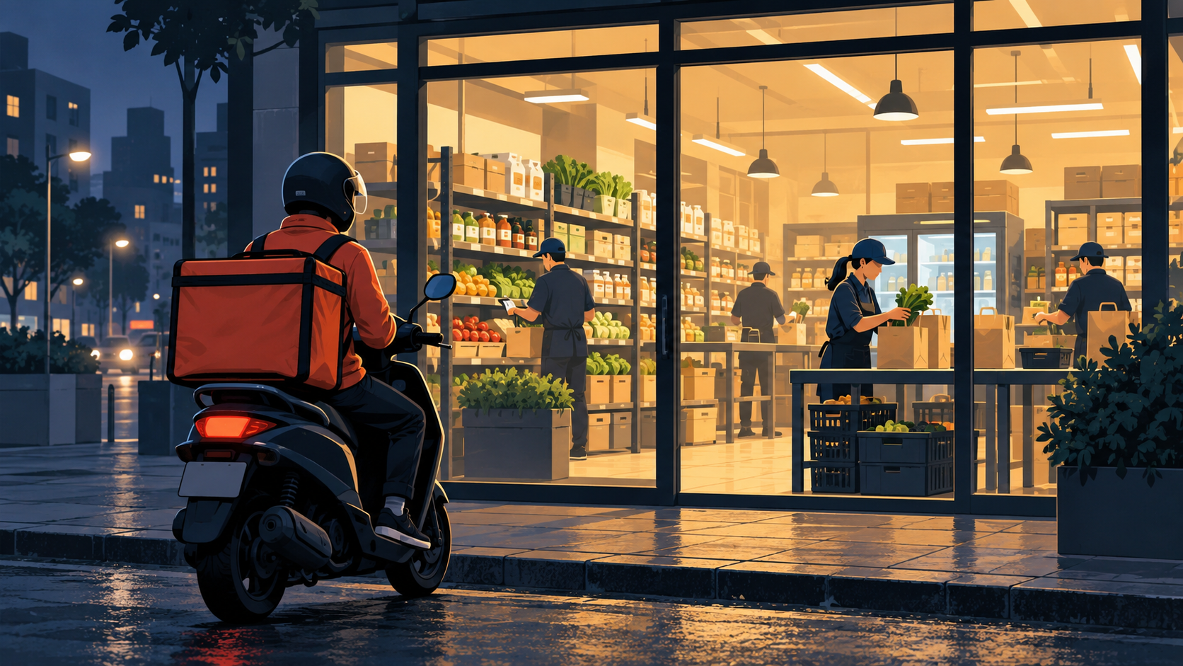 A delivery rider waits on a scooter outside a lit neighbourhood grocery warehouse at night while staff pack orders inside.