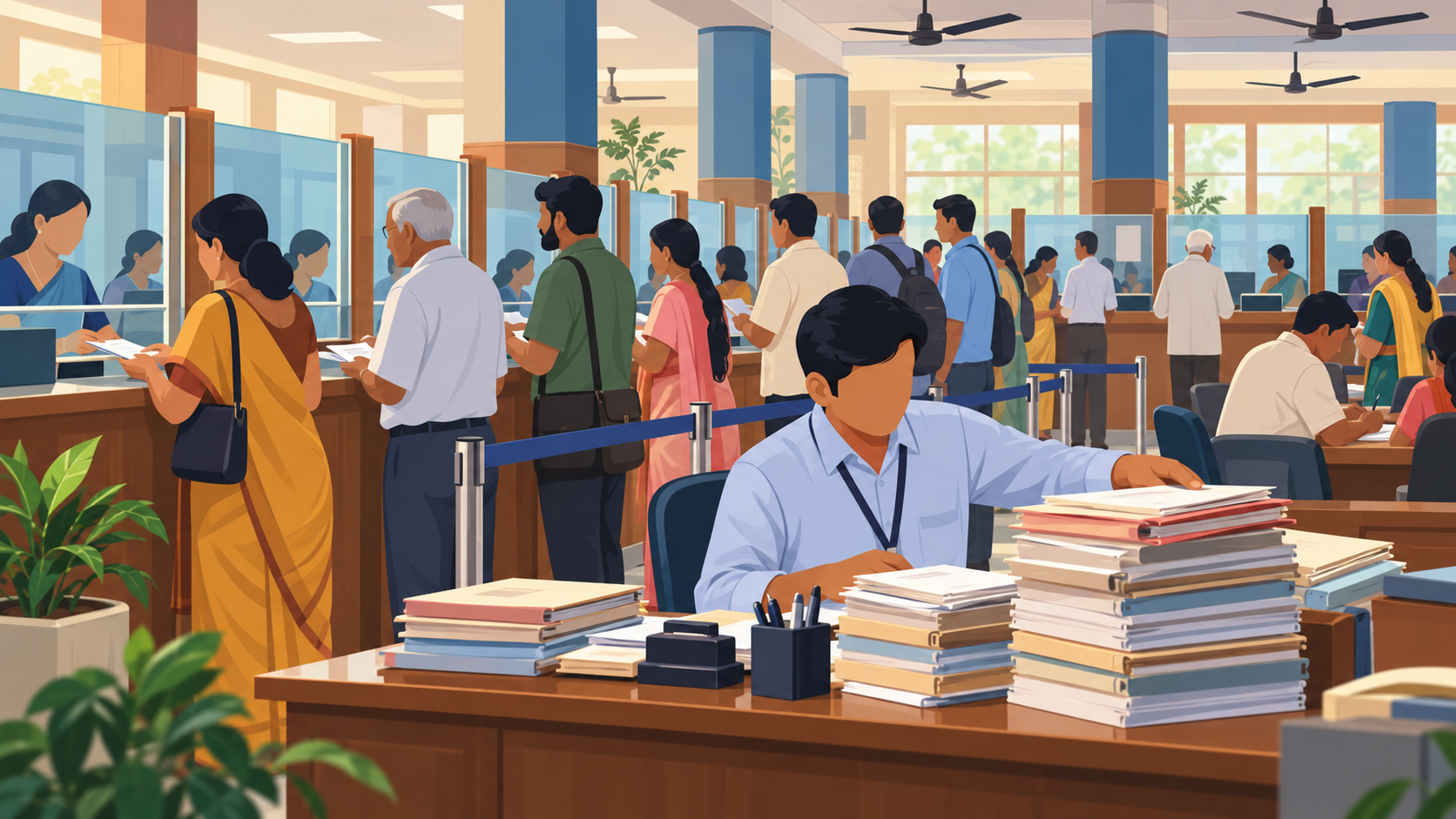 Customers queue at deposit counters in an Indian bank branch as a clerk stacks loan files on a desk.