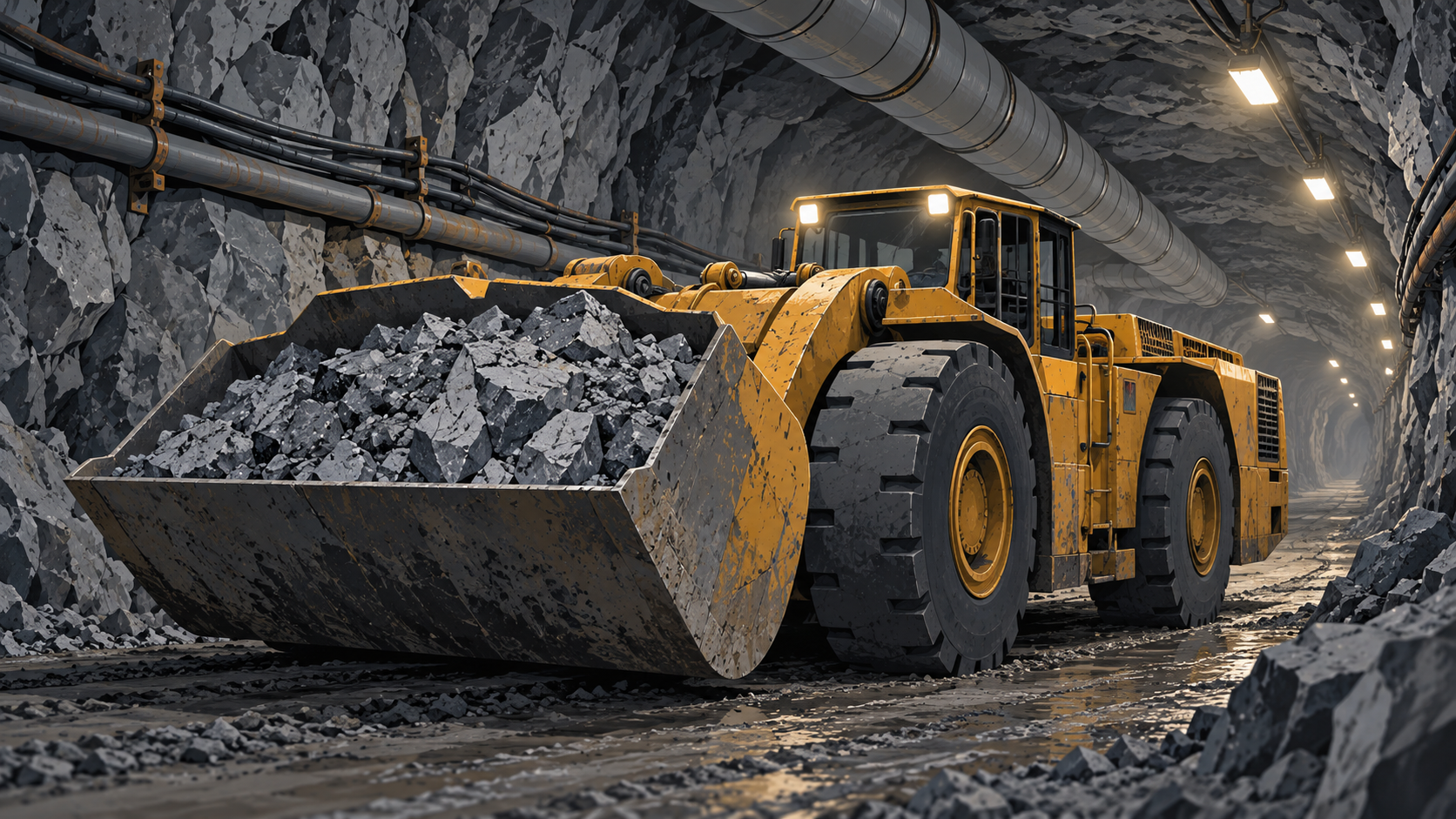 An electric loader hauls ore through a lamp-lit underground mine tunnel lined with ducts and pipes.