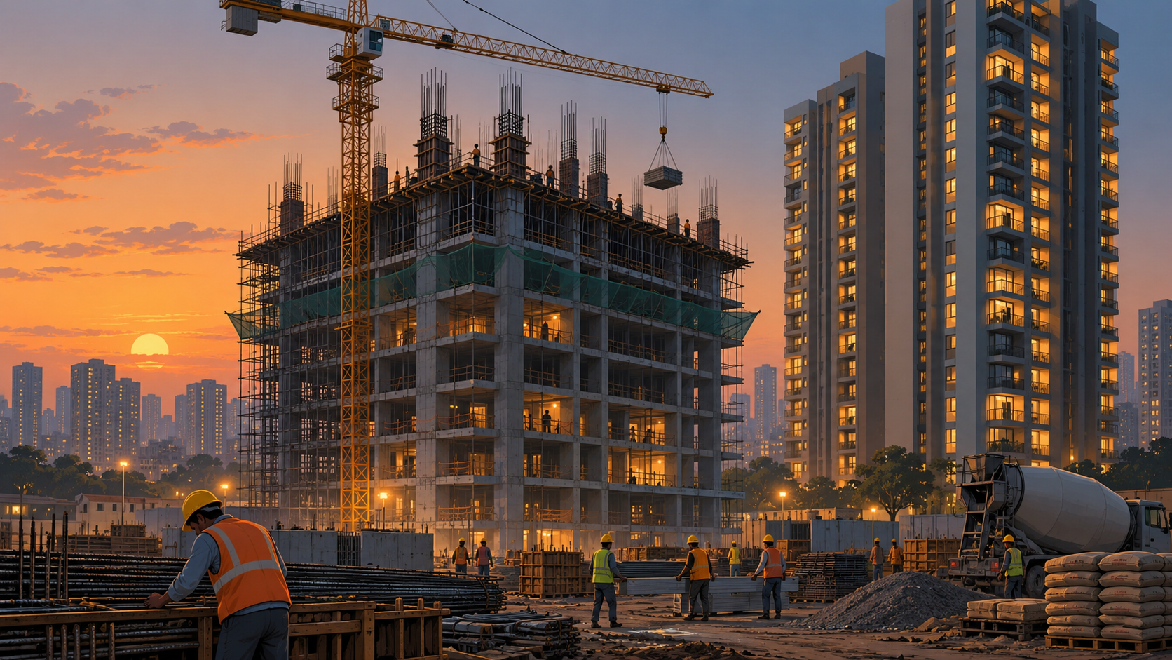 An apartment tower under construction beside a finished, lit tower at dusk, with a crane overhead.