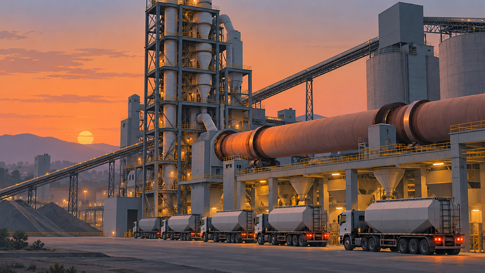 A cement plant's preheater tower and kiln at dusk, with trucks queued at the loading bay.