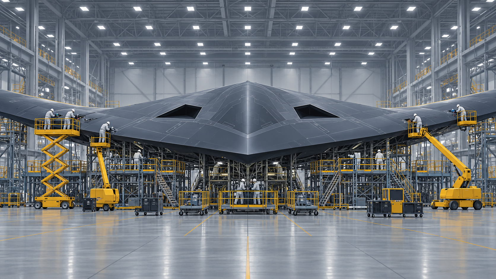 Technicians on lifts work on a large flying-wing aircraft inside an assembly hangar.