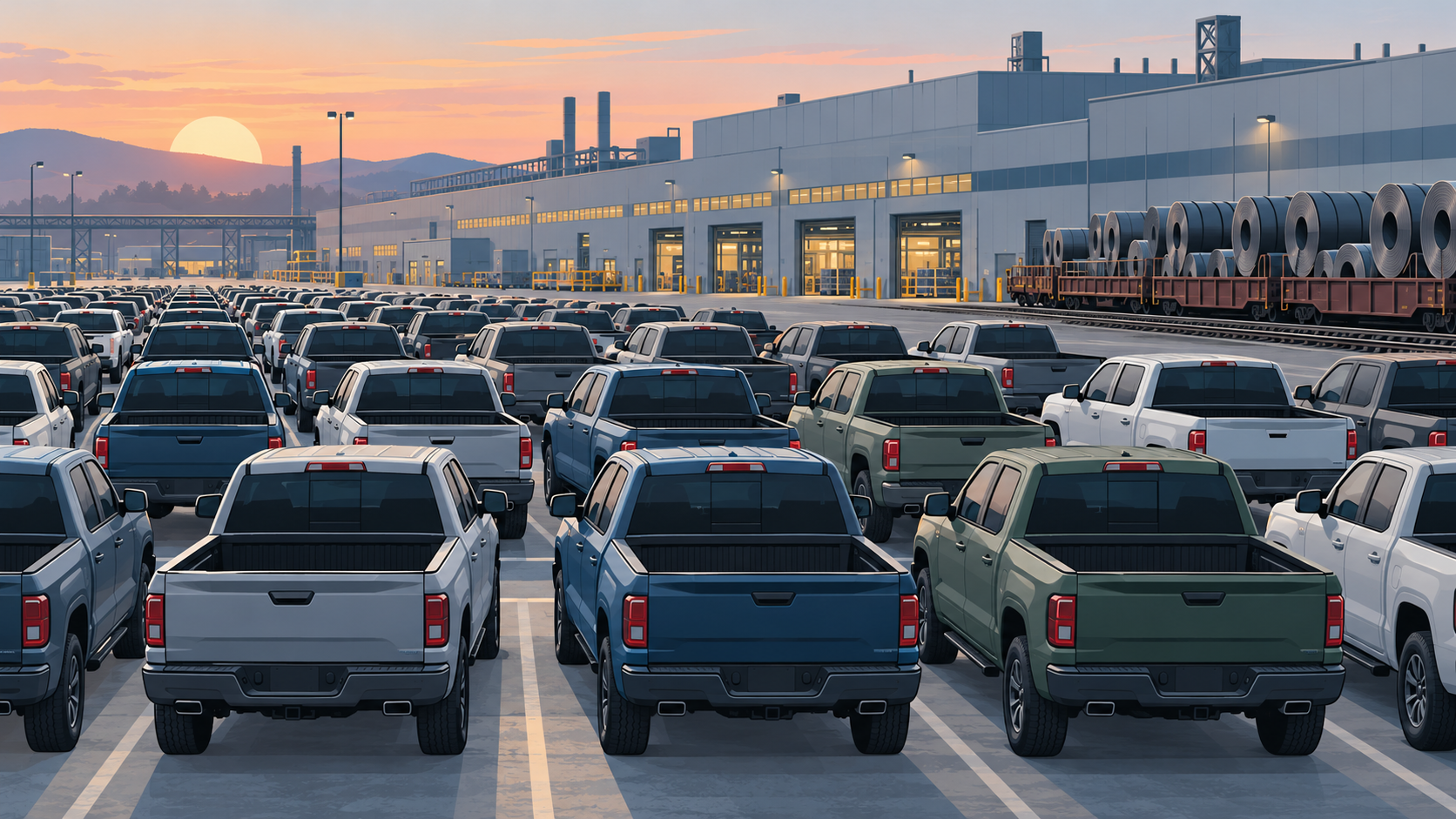 Rows of new pickup trucks in a factory yard at dawn, with steel coils stacked by a rail line.
