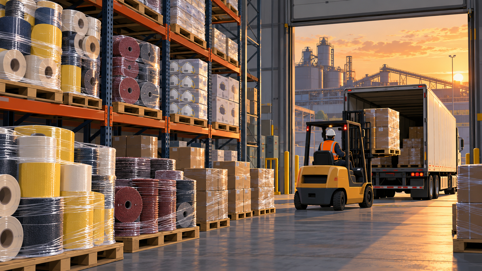A warehouse with tall racks full of wrapped pallets of industrial tape, abrasives and safety gear, and a forklift loading a truck at the dock.