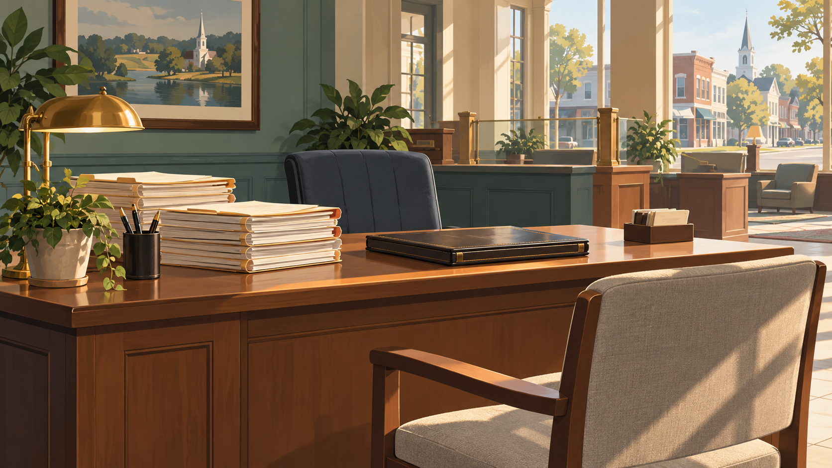 A sunlit community bank branch with stacked loan files on a loan officer's desk and an empty customer chair.