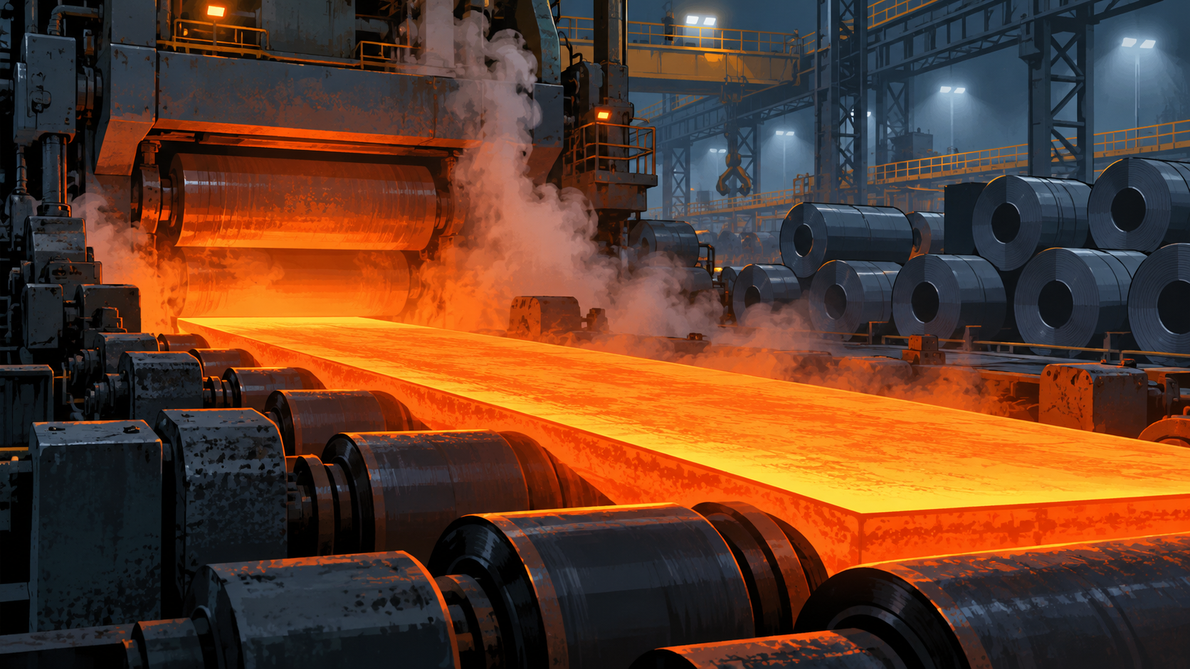 A glowing steel slab moving through rollers in a mill, with finished steel coils stacked behind it.