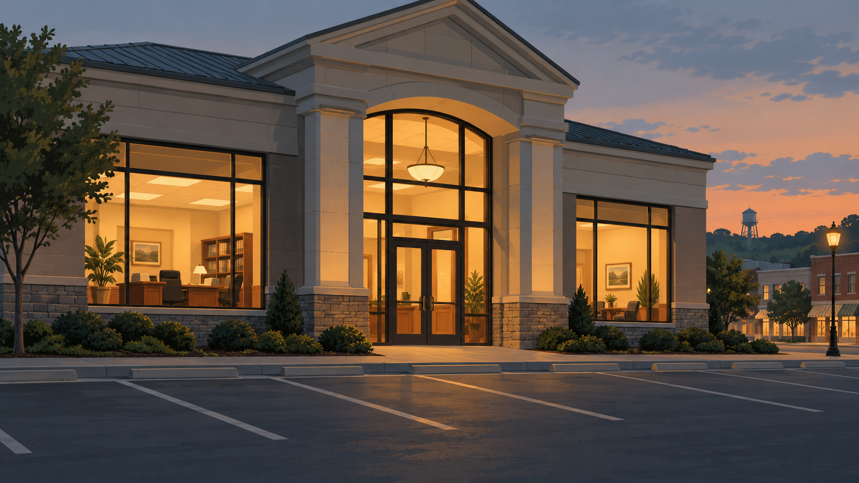 A small-town bank branch at dusk with lit windows and a desk of loan folders visible inside.