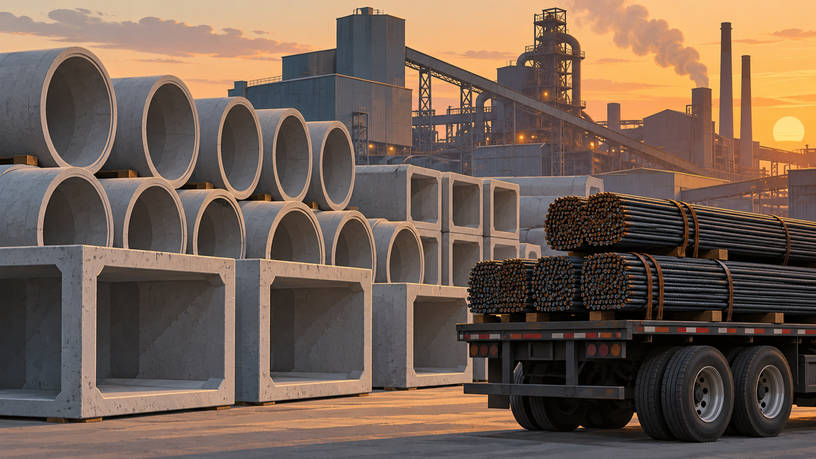 Precast concrete pipes and bundles of steel rebar in a storage yard beside a steel mill.