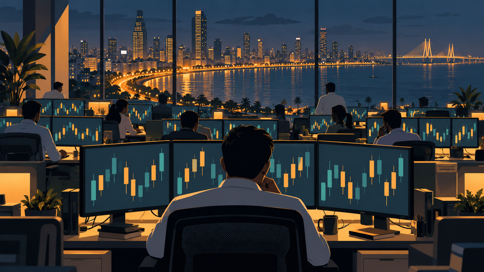 Traders seen from behind at banks of screens on a brokerage floor at night, with Mumbai's seafront lights beyond the window.