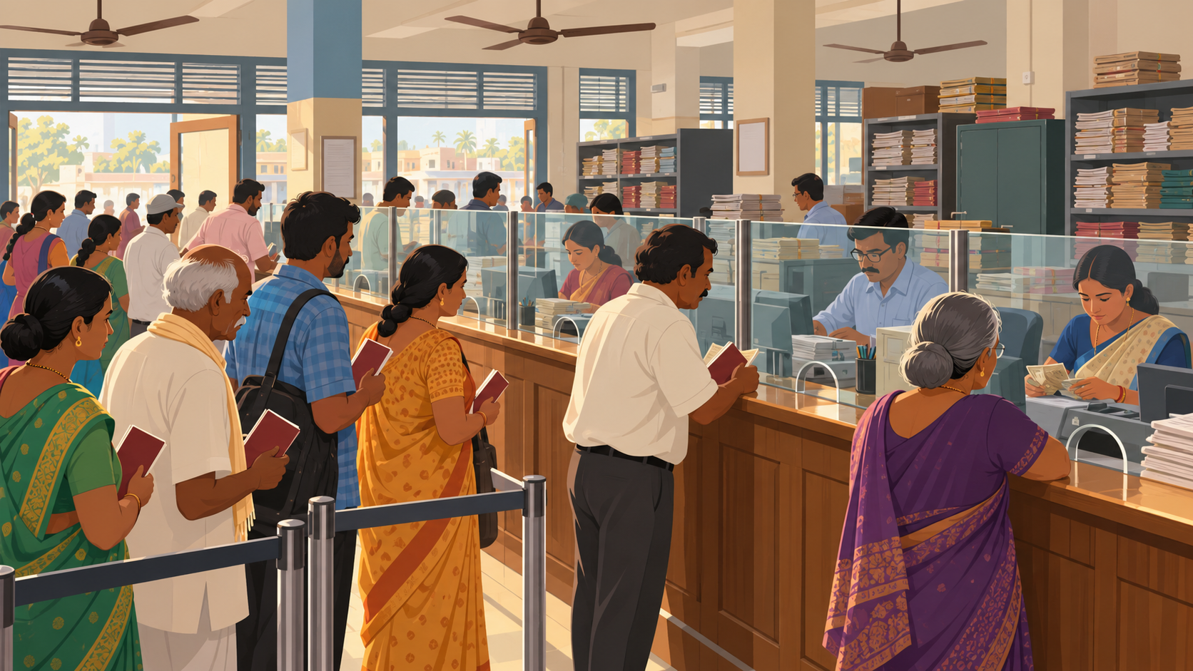 Customers queue at the counter of a small-town Indian bank branch while cashiers work behind glass.