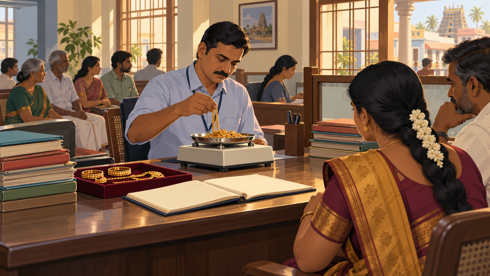 A bank clerk weighs gold jewellery for a loan at a branch counter while customers wait.
