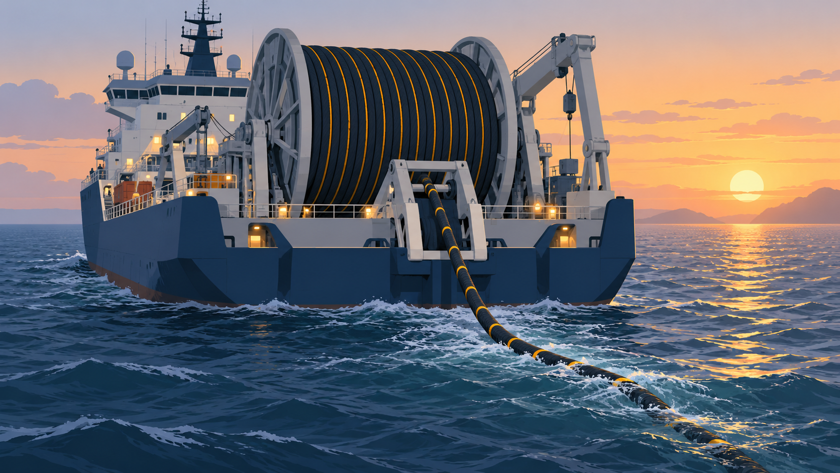 A cable-laying ship at dawn spools undersea fibre-optic cable into the sea.